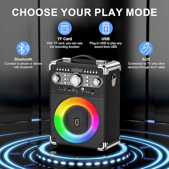 Karaoke Machine with 2 Wireless Microphones for Adults, Portable Bluetooth Party Speaker with Echo Adjustment, Singing Machine Support TWS/USB/TF Card/Guitar/TV Connected for Outdoor/Events etc-BubblyBeeBaby