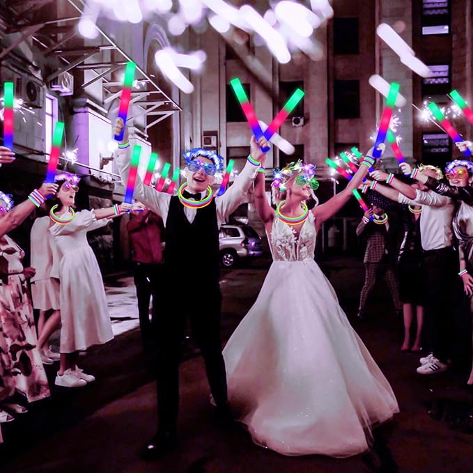142 PCS Glow in the Dark Party Supplies, 14PCS Foam Glow Sticks, 14PCS Light Up Headband,14PCS LED Glasses and 100PCS Glow Sticks Bracelets,for Glow Party, New Year, Wedding, Concert, Birthday-BubblyBeeBaby