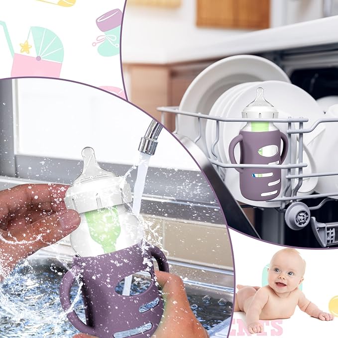 BUSOHA 3 Pack Silicone Sleeves for Dr. Brown's Glass Baby Bottles - Drop Protection Baby Bottle Sleeves Compatible with Dr. Brown's Newborn Glass Bottles with Silicone Handles,9oz-BubblyBeeBaby