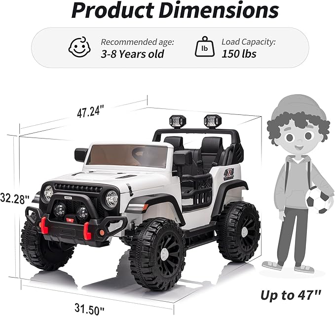 2 Seater Ride on Toy Car for Kids, 24V 4x4 Ride-on Truck Kids Electric Car w/Remote Control, 4x200W Motors - White-BubblyBeeBaby