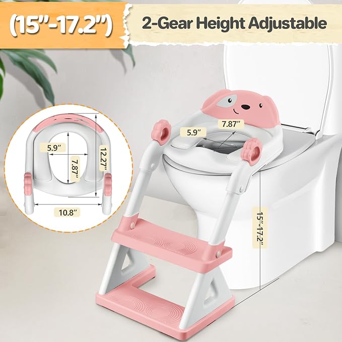 2 In 1 Potty Training Toilet Seat & Toddler Step Stool, Bottom Triangle Stability Toddler Toilet Seat, Adjustable Step & Seat Height Potty Seats (Pink)-BubblyBeeBaby