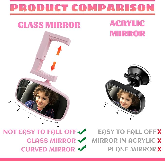 360-Degree Baby Car Mirror for Rear-Facing Seats,Kids Safety Mirrors with Tool-Free Installation,Kids Rear View Mirror BPA-Free Shatterproof & ASTM Certified (Adjustable 14"-22") (PINK)-BubblyBeeBaby