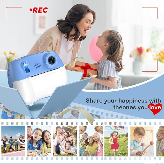 Instant Print Camera for Kids - Front Rear Dual Selfie Kid Print Camera, Fun Birthday Gift for Boys Ages 3-12, HD Digital Video Cameras, Easy to Use for Toddler - Blue-BubblyBeeBaby