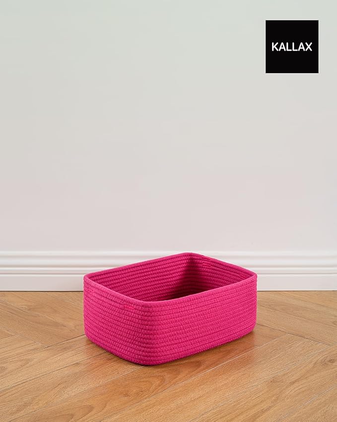 KALLAX Small Woven Basket, 13.5 x 9.5 x 5 Inches, Storage Basket for Organizing, Cute Small Rope Shelf Closet Cube Storage Bins Baskets for Shelves, Dog Toy Gift Baskets Empty, 3 Packs, Hot Pink-BubblyBeeBaby