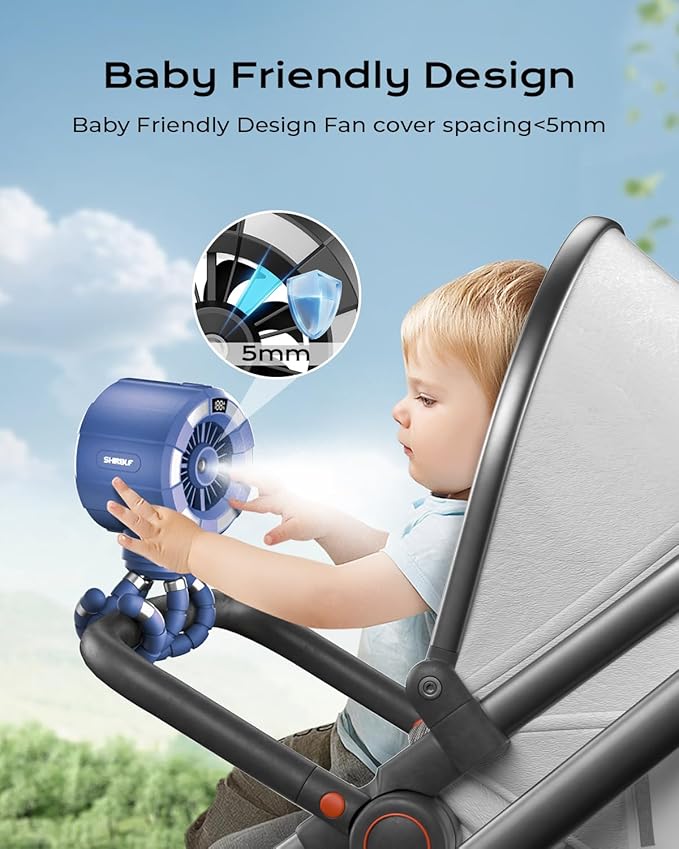 6000mAh Misting Fan for Stroller, 3 Speeds Portable Clip Fan with Intermittent/Continuous Spray, 14H Cooling, Detachable Mount, Timer & Night Light for Baby (100ML Water Tank)-Darblue-BubblyBeeBaby