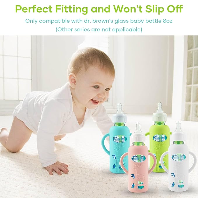 4 Pack Silicone Sleeves for Dr. Brown's Glass Baby Bottles, Anti Breakage Durable Baby Bottle Holder with Easy Grip Handles, Narrow Sleeve with a Cutout, Dishwasher/Freezer/Microwave Safe, 8 oz-BubblyBeeBaby