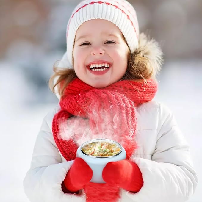 13.5oz Kids Thermos for Hot Food, Insulated Vacuum Food Jar with Buckle Lid, Stainless Steel Wide Mouth Leak Proof Insulated Lunch Container for School Picnic Travel, Blue-BubblyBeeBaby