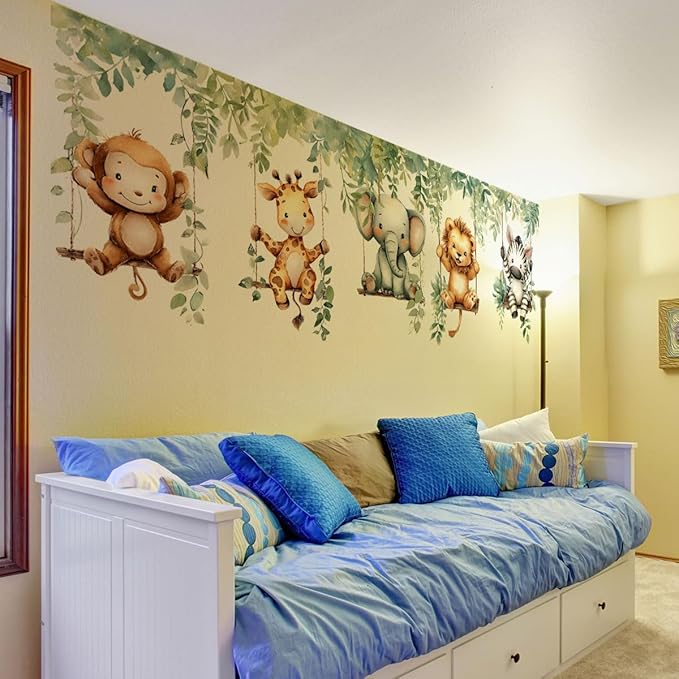 Jungle Animal Wall Decals,Jungle Animals Monkey Elephants, Lions, Zebras, Giraffes Vine Leaves Wall Stickers,Zoo Sticker for Kids Baby Boys Room Nursery Bedroom Playroom Home Decoration.-BubblyBeeBaby