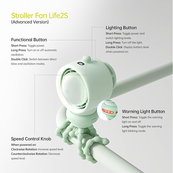 JISULIFE Stroller Fan Baby Large, Safe Bladeless for Crib, Desk, Portable Battery Rechargeable Cooling Fan with Air Turbo Tech, LED Display, Night Light, Food-Grade Gift for Mom/Dad/Friend - Green-BubblyBeeBaby