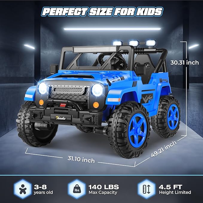 Hikole 24V Kids Ride on Car - 2 Seater, 4WD/2WD Switch, 4x200W Motor, Remote Control, 3 Speeds, LED Lights, Safety Belt, Off-Road Electric Vehicles for Boys Girls, Blue-BubblyBeeBaby