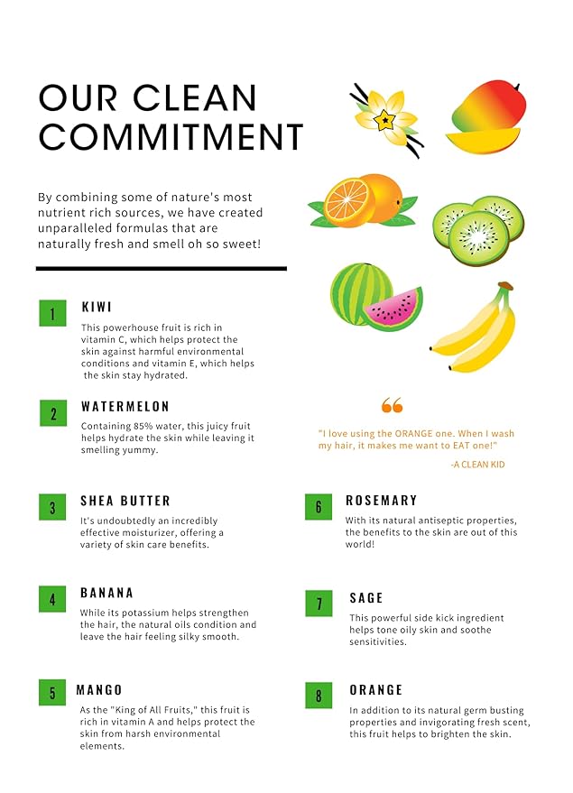 Clean Kids Naturally Tropical Shampoo- EWG Verified, All-Natural, Coconut-free, Gluten-free, Vegan, and Cruelty-free, Paraben-Free (2 Bottles, Orange Burst)-BubblyBeeBaby