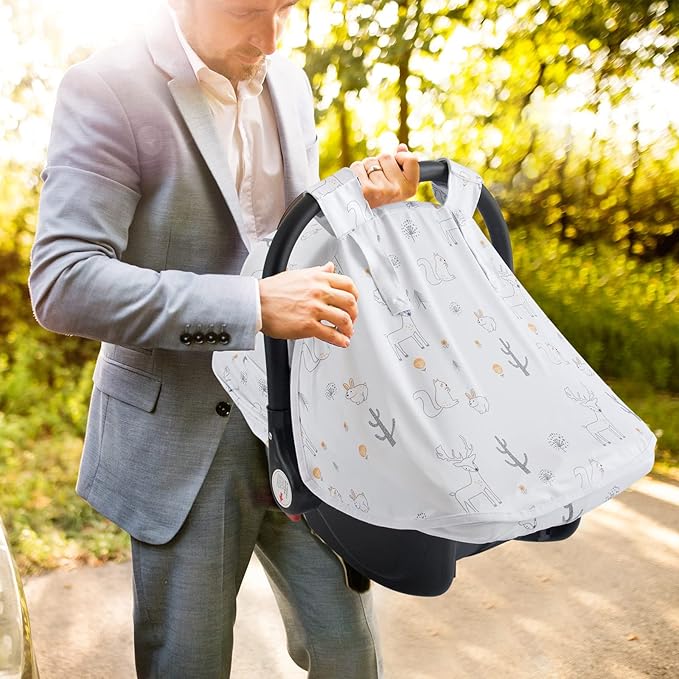 Baby Car Seat Cover, Soft Sun Shade Cover, Breathable Comfortable Privacy Carseat Canopy Protect for Newborn Infant Boys Girls (Animals)-BubblyBeeBaby