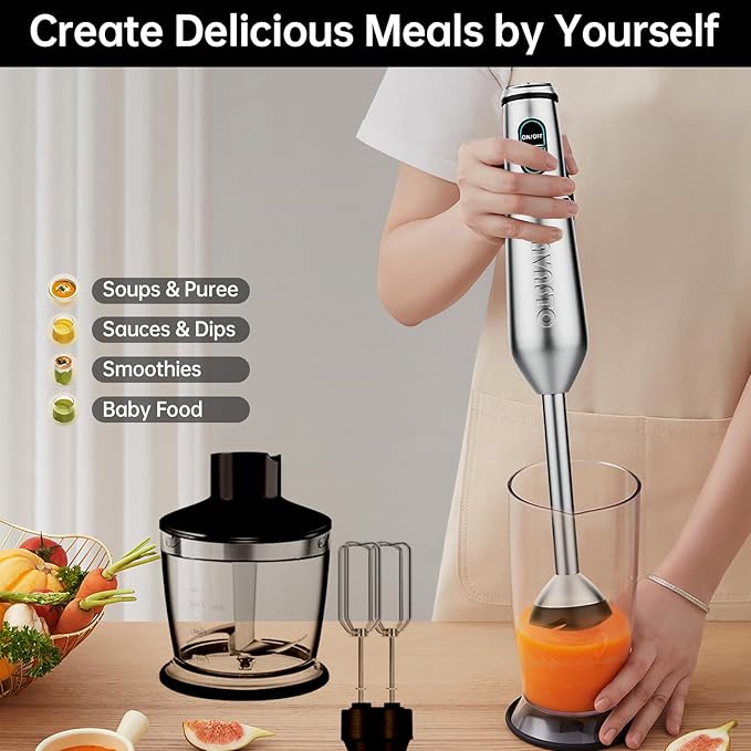 Immersion Blender 1000 Watts Scratch Resistant Hand Blender,20 Speed and Turbo Mode Hand Mixer, 3-in-1 Heavy Duty Copper Motor Stainless Steel Smart Stick with Egg Beaters and Chopper-BubblyBeeBaby