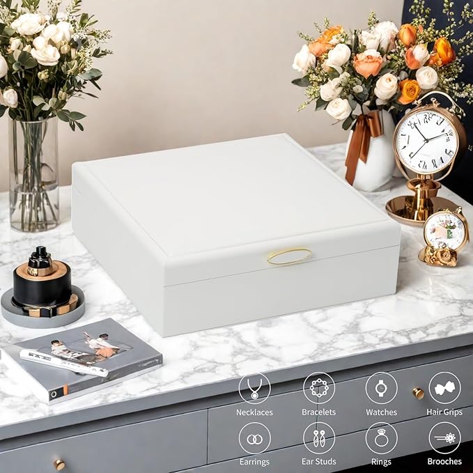 Jewelry Box Organizer for Women,White 2 Layer jewelry Stoarge Case,Built in Necklace Hook and Detachable Jewelry Tray,Indoor Jewelry Display Box-BubblyBeeBaby