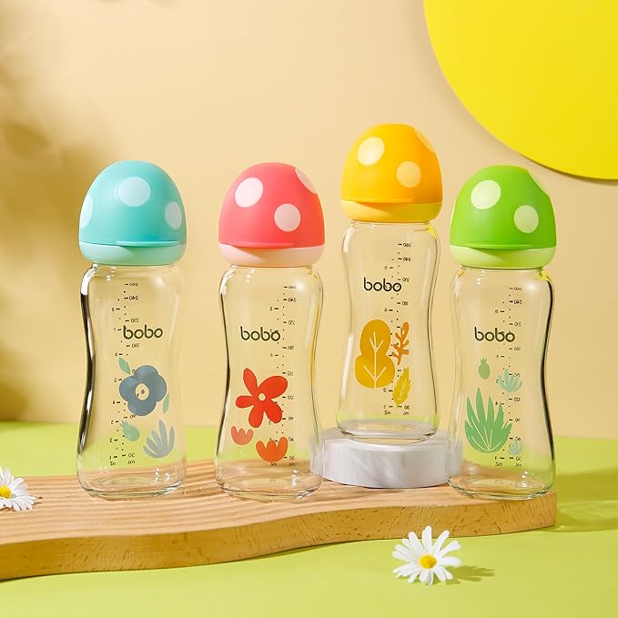 YOHKOH Natural Glass Baby Bottle with Natural Response Nipple, Newborn Anti-Colic Baby Bottles, Wide Neck Mushroom Cap Baby Bottle, Clear (8.8oz (Pack of 4), Multicolour)-BubblyBeeBaby