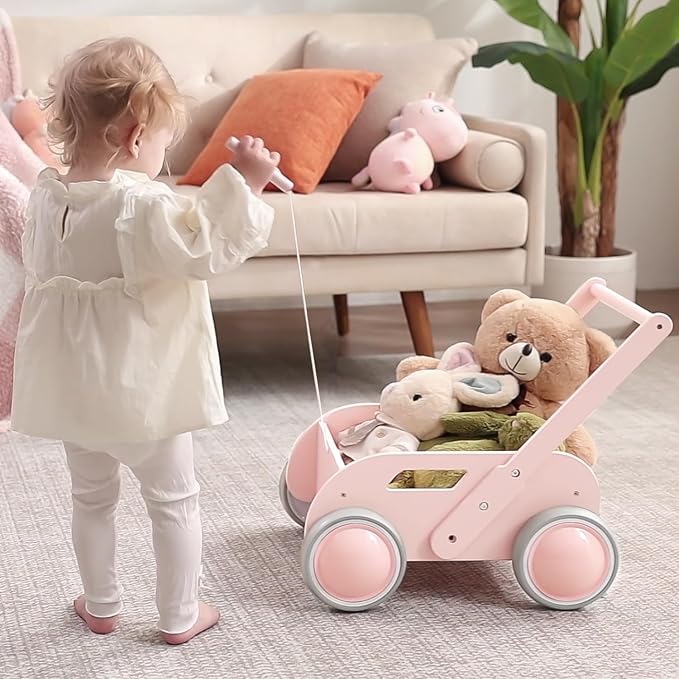 2025 HOMEKOL Wooden Baby Walker,Baby Push Walker, Adjustable Speed Baby Walker for Boys and Girls, Baby Activity Center, Gift for Birthday, Christmas and New Year Nature Pink-BubblyBeeBaby