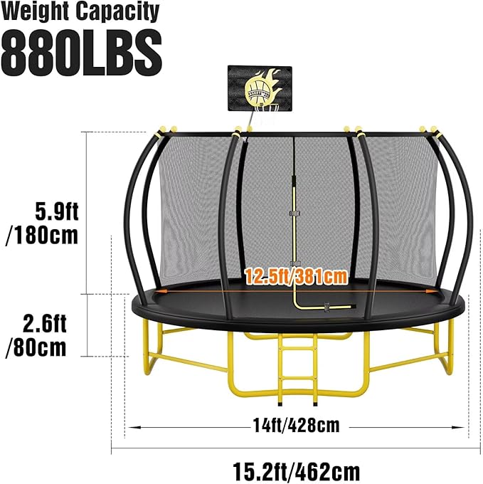 14FT Pumpkin Trampoline with Basketball Hoop, Balance Bar and Enclosure Net, Outdoor Trampoline for Kids and Adults, Capacity 880 lbs-BubblyBeeBaby