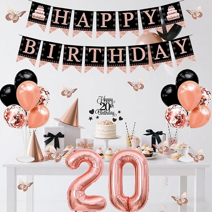 20th Birthday Decorations for Girls Women - 56pcs Rose Gold Happy 20th Banner, 20th Birthday Crown Sash, Cake Topper, Number 20 balloons, 3D Butterflies, 4 Balloon Stands kits-BubblyBeeBaby