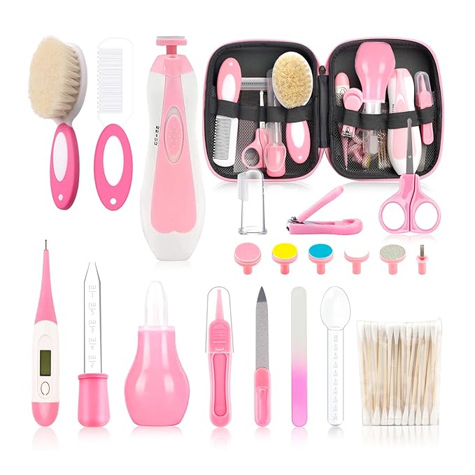 Infant Grooming Essentials: Electric Safety Nail Trimmer, Nasal Aspirator, Hair Brush, Comb, Nail Clipper (27 Piece Safety Care Set for Newborns - Pink)-BubblyBeeBaby