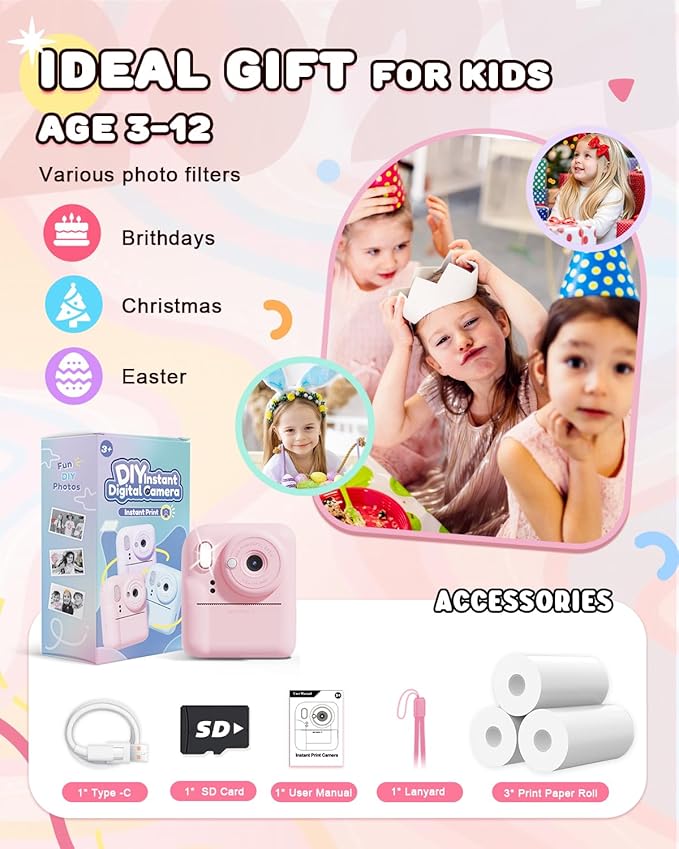 JOYJAM Kids Camera Instant Print, Upgrade Dual-Lens Selfie Digital Camera for Kids, HD 1080P, Christmas Birthday Gifts Toys for Girls Age 3-12, Toddler Portable Toy with SD Card 3 Rolls Print Paper-BubblyBeeBaby