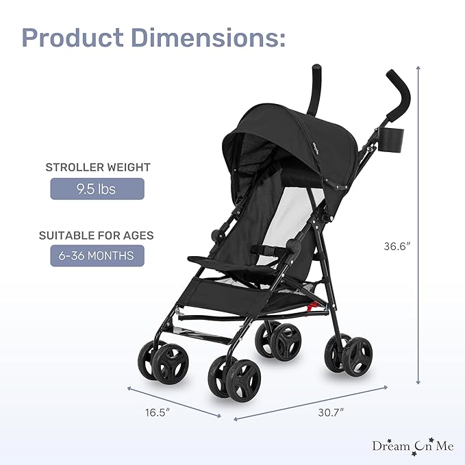 Dream On Me Rover Convenience Baby Stroller in Black, Lightweight & Compact Umbrella Stroller, Easy one-Hand fold Travel Stroller, Lockable Rear Wheels, Removable & Adjustable Canopy-BubblyBeeBaby