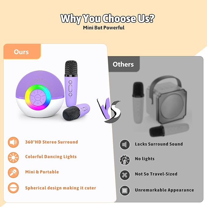 Karaoke Microphone Machine Toys for Kids Adults, Mini Portable Bluetooth Speaker with 2 Wireless Mics, Christmas Birthday Gifts for Boys Girls Ages 3 4 5 6 7 8 9 10 11 12+ Year (Purple)-BubblyBeeBaby