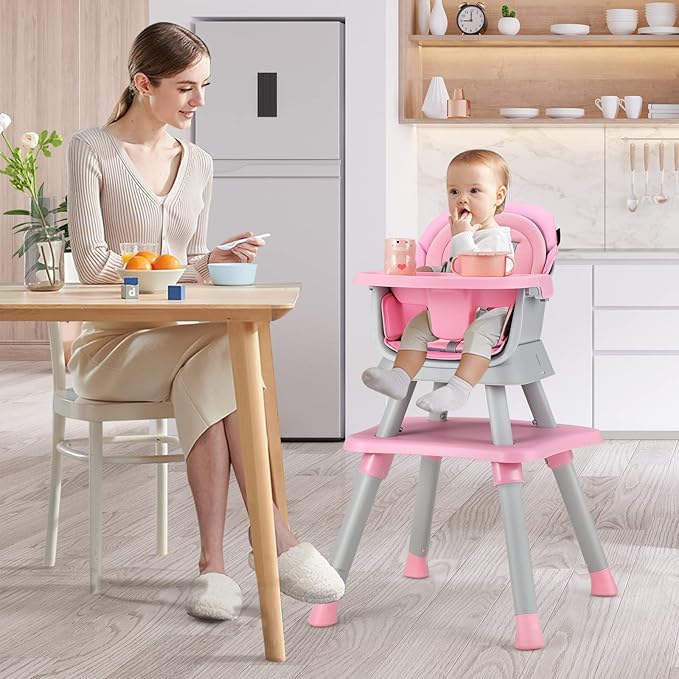 HONEY JOY 8 in 1 Baby High Chair, Convertible Highchair for Babies and Toddlers/Table and Chair Set/Building Block Table/Booster Seat/Stool/Toddler Chair with Safety Harness (Pink)-BubblyBeeBaby