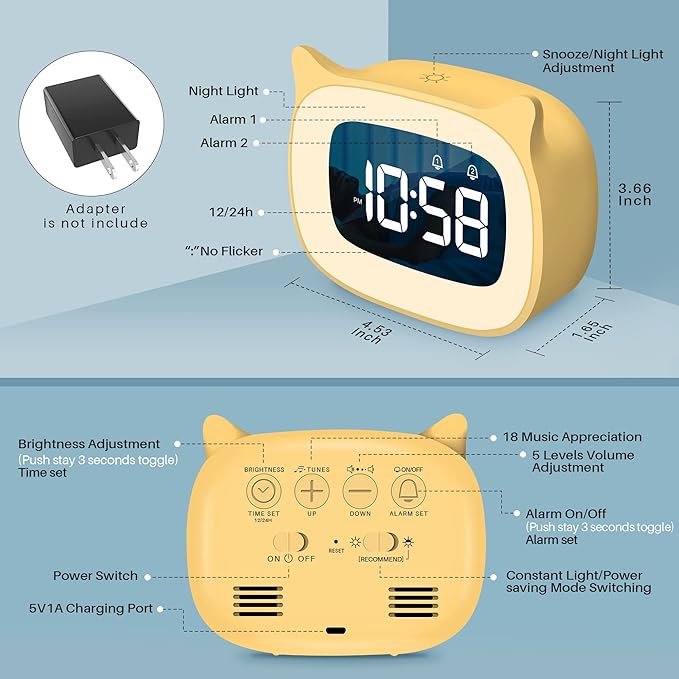 Kids Alarm Clock with Night Light & 18 Ringtones,Rechargeable,Cute Cat Ear Clock for Boys Girls Birthday Presents,Digital Clock for Children's Bedroom(Yellow)-BubblyBeeBaby