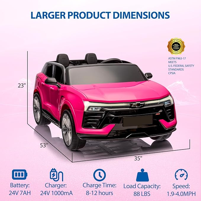 Jojoka Baby Car 24V 2-Seater SUV Licensed Chevrolet Blazer Ride On Toy w/Parent Remote Control,4xSpring Suspension, Wireless Music, Electric Vehicle Car for Kids Ages 3-8,Pink-BubblyBeeBaby