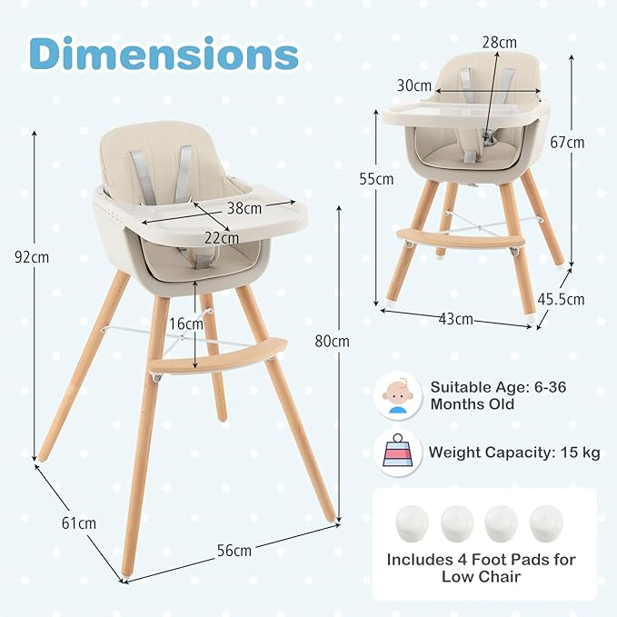 HONEY JOY High Chair, 3-in-1 Eat & Grow Wooden Highchair/Booster Seat/Toddler Chair with Removable Tray, 5-Point Harness, PU Cushion and Footrest for Baby, High Chair for Babies and Toddlers(Beige)-BubblyBeeBaby