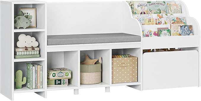 HOSTACK 67" Kids Reading Nook with Bench, Kids Bookshelf and Bookcase with Seat Cushion and 6 Storage Cubbies, Toy Storage Box on Wheels, Toy Chest for Playroom, Bedroom, School, White-BubblyBeeBaby