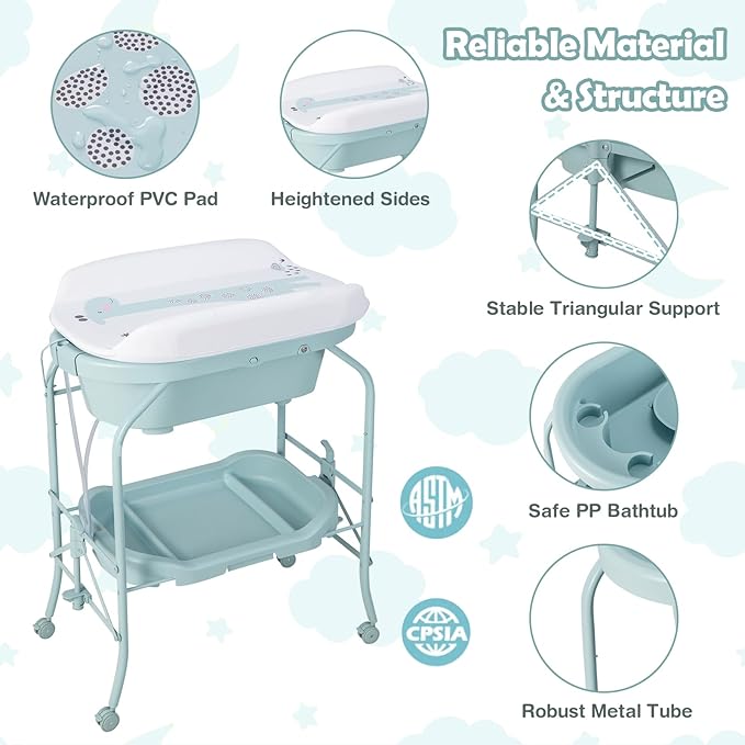 HONEY JOY Baby Changing Table with Bathtub, Foldable Infant Diaper Changing Station with Wheels, Storage Tray, Waterproof Pad, Portable Newborn Nursery Organizer Bath Stand for Boys Girls (Blue)-BubblyBeeBaby