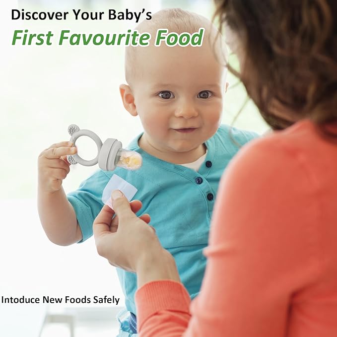 JEXFUN Baby Fruit Food Feeder & Mini Freezer Nibble Tray Combo, Breastmilk Popsicle Molds for Baby Cooling Relief, BPA Free Silicone Feeder for Safe Infant Self Feeding, 4 Month+ (Light Grey)-BubblyBeeBaby