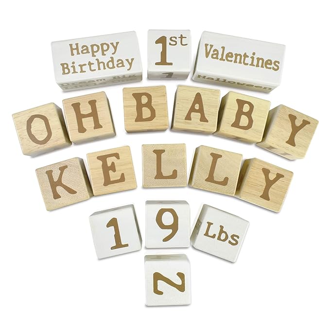 I'm Solid Wood Monthly Weekly Baby Milestone Age Blocks, Personalized Own Name, Gender Neutral, Newborn Gifts & Keepsakes for Picture Props (1.9" / 18 Pcs/Brown)-BubblyBeeBaby