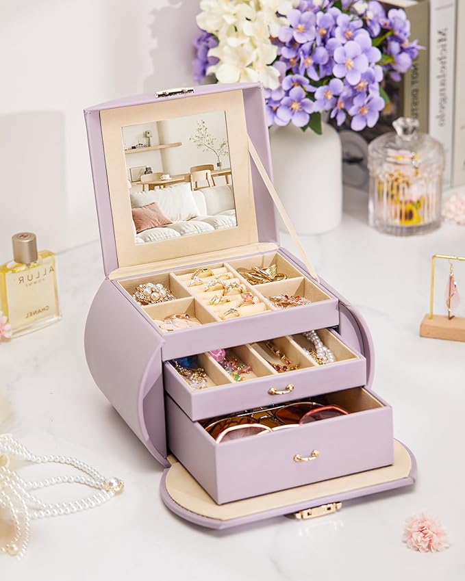Homde Girls Jewelry Box Jewelry Storage Case Organizer Faux Leather with Mirror for Rings, Earrings, Bracelets, Necklaces (Grey Purple)-BubblyBeeBaby