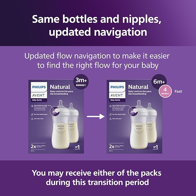 Philips Avent Natural Baby Bottles with Natural Response Nipples (Fast Flow, Flow 4), 11oz, 2-Pack, SCY906/02-BubblyBeeBaby