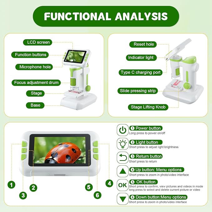 1600X Digital Microscope for Kids, Upgraded Portable Microscope with 4.0 inch HD Screen, 2-in-1 Desktop Handheld Miniscope Rechargeable Student Education Science Microscopes Gift for Kids-BubblyBeeBaby