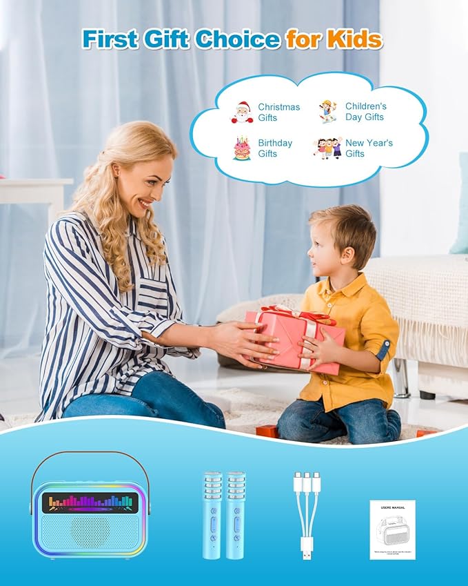 Karaoke Machine for Kids Adults, Birthday Gifts Toys for Girls Boys Age 3-12+,Mini Portable Bluetooth Singing Speaker with 2 Wireless Microphones & LED Lights (Blue)-BubblyBeeBaby