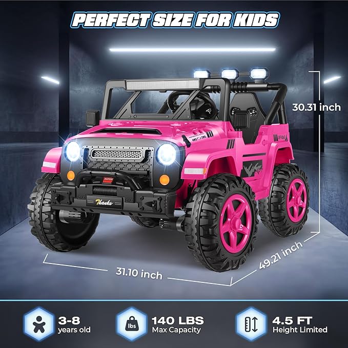 Hikole 24V 2 Seater Ride on Cars for Kids - Remote Control, 20" Spacious Seat, 4WD/2WD Switchable Electric Car with LED Lights, Bluetooth, 3 Speeds, Ride on Toys for Kids 3-8, Hot Pink-BubblyBeeBaby