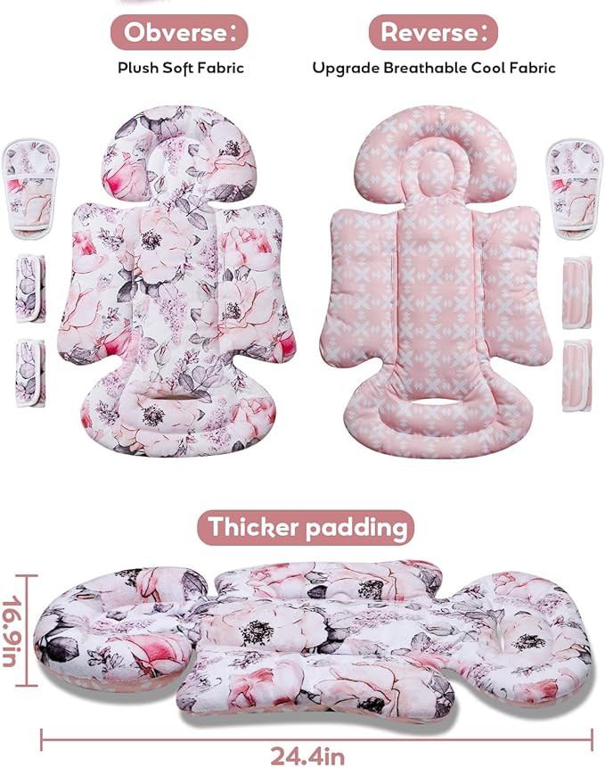 Infant Car Seat Insert, Enlarged Head Support for Baby Carseat, Reversible Newborn Insert with 3 Strap Covers, 2-in-1 Baby Car Seat Cushion for Stroller, Swing, Bouncer, Rocker - Pink Floral-BubblyBeeBaby