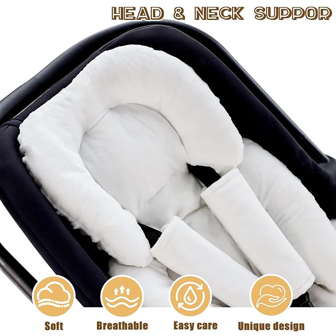 GFU Infant Car Seat Insert Head and Body Support, Reversible Newborn Insert for Carseat with Strap Pads, Soft Stroller Cushion Pillow Insert for Boys and Girls, Fits for Stroller, Swing, White-BubblyBeeBaby