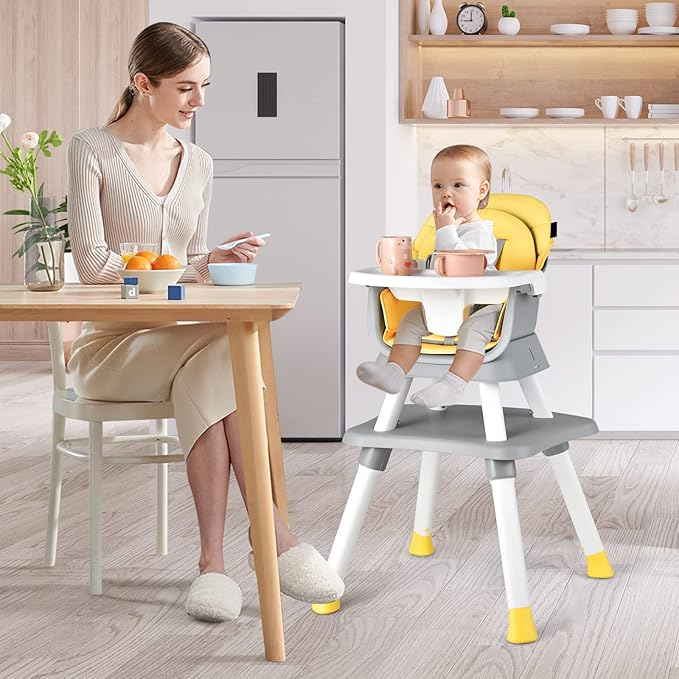 HONEY JOY 8 in 1 Baby High Chair, Convertible Highchair for Babies and Toddlers/Table and Chair Set/Building Block Table/Booster Seat/Stool/Toddler Chair with Safety Harness(Yellow)-BubblyBeeBaby