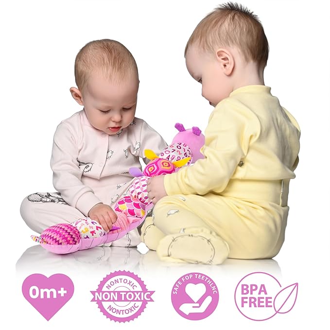Infant Baby Musical Stuffed Animal Activity Soft Toys with Multi-Sensory Crinkle, Rattle and Textures for 0-3-6-12 Months Developmental Toys, Caterpillar, Purple-BubblyBeeBaby