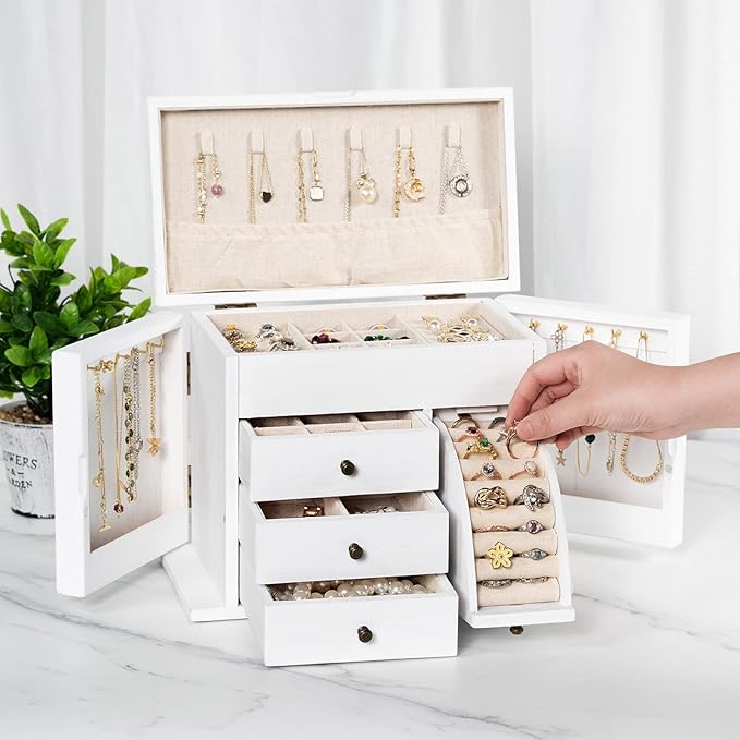 Jewelry Box Organizer, Solid Wood Jewelry Boxes for Women for Storage & Display Necklace Ring Earring Bracelet, Rustic Style Jewelry Organizer Box for Women Gifts (Weathered White)-BubblyBeeBaby