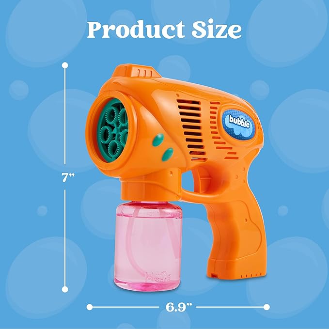JOYIN 2 Bubble Guns with 2 Refill Solution (10 oz Total), Automatic Bubble Maker Blower Machine for Kids, Toddlers, Outdoors, Party, Birthday Gift, Easter Toys (Blue, Orange)-BubblyBeeBaby
