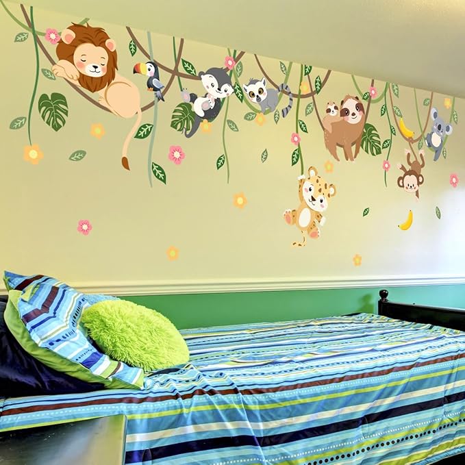 iMagitek Large Jungle Animals Tree Wall Decals Safari Animals Climbing Trees Wall Stickers Elephant Giraffe Lion Sloth Wall Stickers for Baby Nursery Kids Room Playroom Classroom 90.94" x 62.59"-BubblyBeeBaby