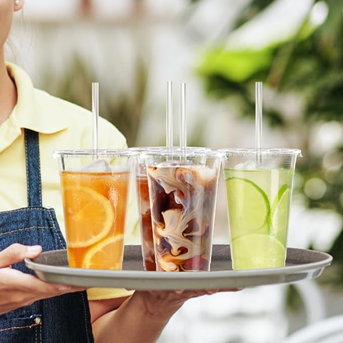 100 Pack - 20 oz Clear Plastic Cups with Lids and Straws, Sturdy & Food Safe Iced Coffee Cups with lids, Disposable Plastic Smoothie Cups for Cold Drinks-BubblyBeeBaby