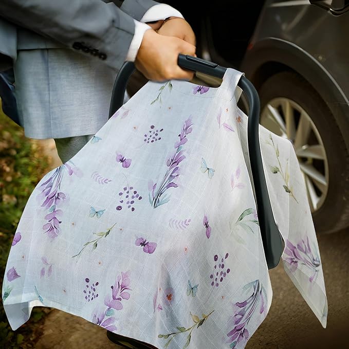 80S Muslin Car Seat Cover for Babies - Soft & Breathable Infant Carrier Canopy, Lightweight Sunshade for Summer, Universal Fit for Baby Boys & Girls-BubblyBeeBaby