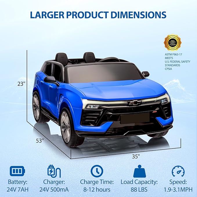 Hetoy 24V 2-Seater SUV Licensed Chevrolet Blazer Ride On Car Toy w/Parent Remote Control, 3 Speeds, Wireless Music, MP3 Player, Electric Car for Kids Ages 3-8, Blue-BubblyBeeBaby