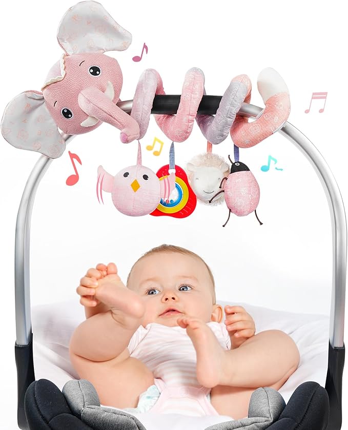 Jollybaby Baby Car Seat Stroller Toys, Plush Activity Hanging Spiral Activity Pram Crib with Music Box, Rattles, Squeaker for Babies Infant Boys Girls(SZ Pink Elephant)-BubblyBeeBaby